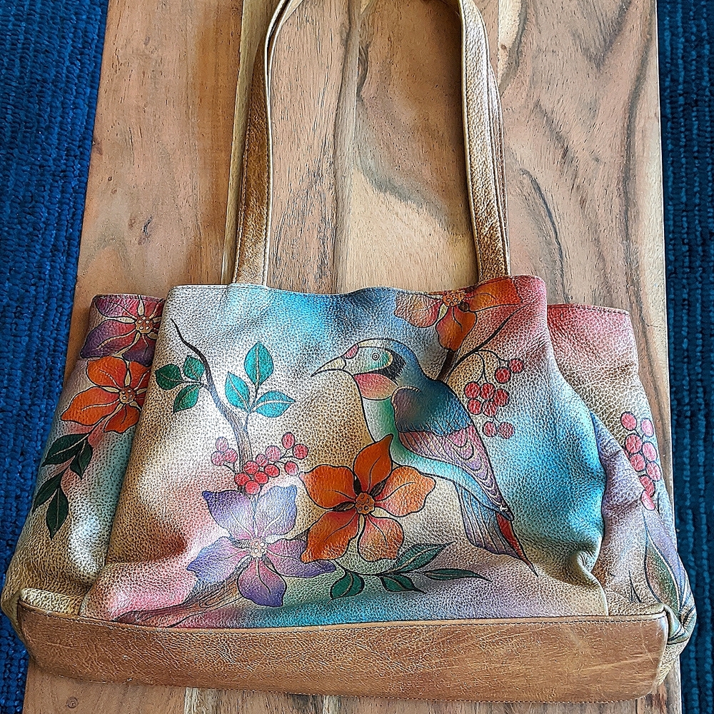 Anna by Anuschka Genuine Leather Large Shopper Bag Bird on Branch Hand Painted
